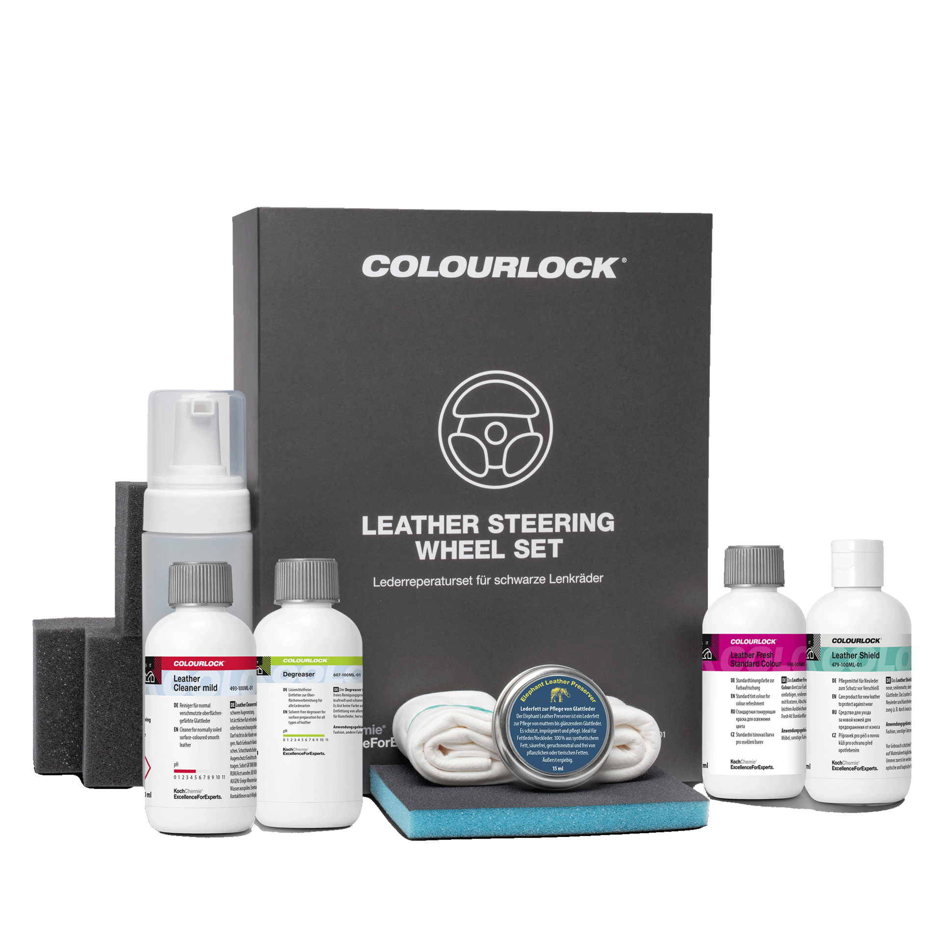 COLOURLOCK "Leather Steering Wheel" Set (leather repair kit for black steering wheels) - 14-piece set (415 ml) / Black
