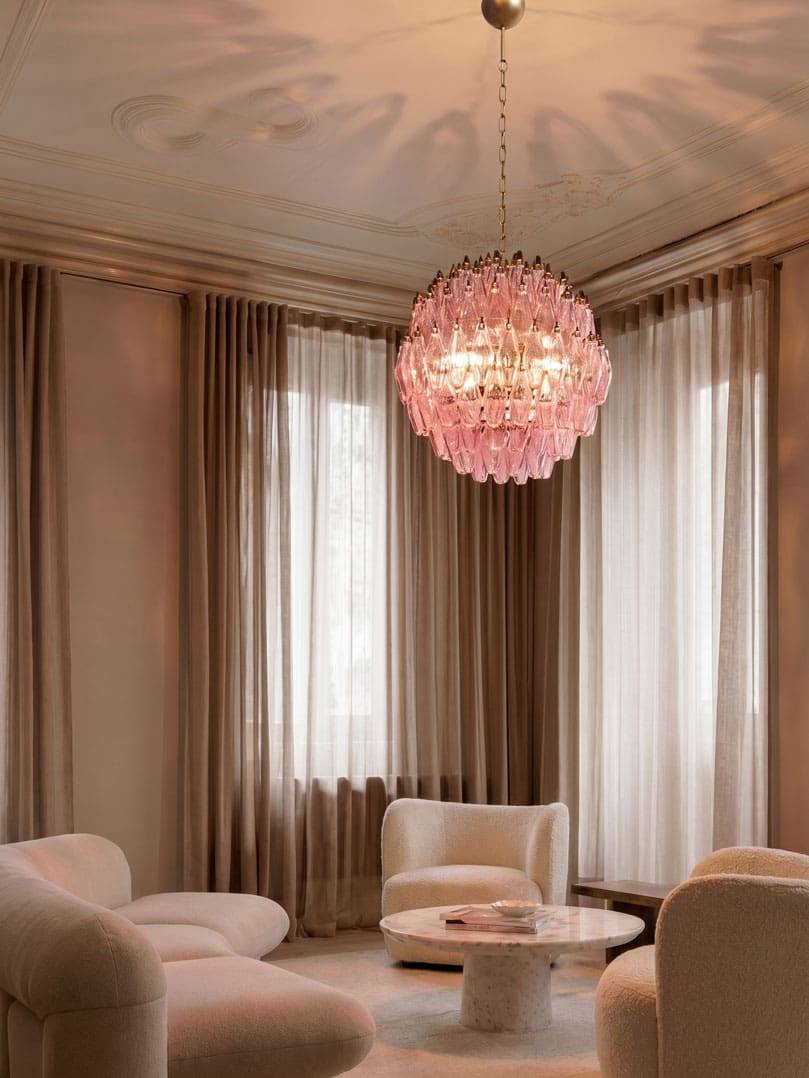 Murano lysekrone Poliedri 140 glas Rosa Mat guld patineret