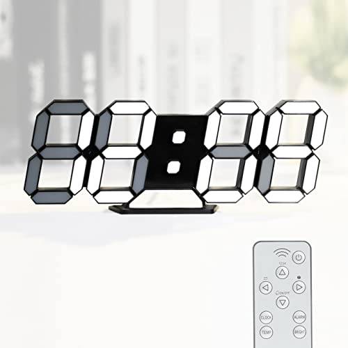 KOSUMOSU Klockor för vardagsrumsdekoration, 24,6 cm stor digital väggklocka, väckarklocka svart klocka väggdekoration, dimmer/tid/datum/temperaturvisning, fjärrkontroll (svart väggklocka med vitt ljus
