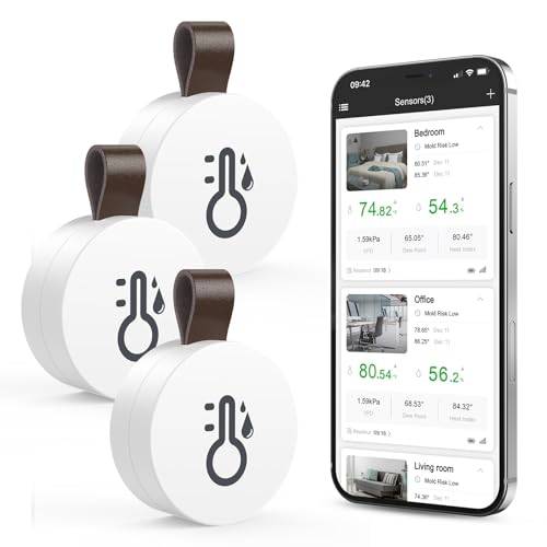 OQIMAX Hygrometer Inomhus Termometer, 3PCS trådlös Temperatur- Och Fuktighetssensor med Smart Sensor APP, Inomhustermometer med Dataregistrering för Växthus, Exakt Luftfuktighet Mätare Rumstermometer