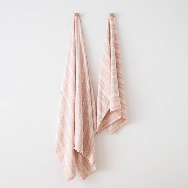 Strandhåndklæde i hør, lyserødt, Multistripe