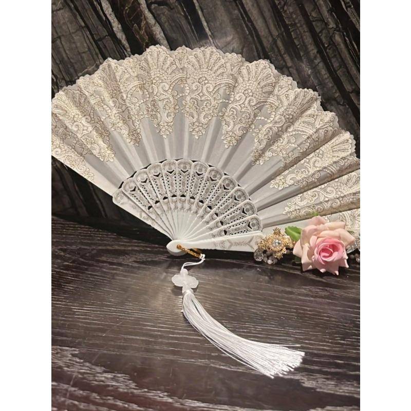 Elegant Black Lace Folding Fan for Women - Christmas Themed Handheld Accessory with Red Roses and Beaded Tassels, Lightweight and Portable