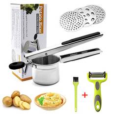 HOTLIKE Potatispress i rostfritt stål, potatismosare, multifunktionell professionell mosare, slitstark matpress med borste, skalare och 3 utbytbara sil för frukt, grönsaker, purétillverkare