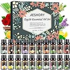 AESHORY Aromaterapi Eteriska Oljor Set 20 x 5ML, 100% Naturlig Aroma Diffuser Olja Gift Set, Doftoljor för Diffusorer, Luftfuktare, SPA, Massage, Avkoppling - Lavendel, Tea Tree, Citrongräs, Rökelse