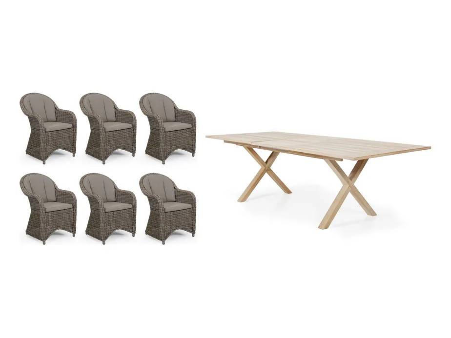 Brafab Paulina & Brutus spisegruppe Rustik med beige hynde 6 lænestoler & bord 200-265x100 cm