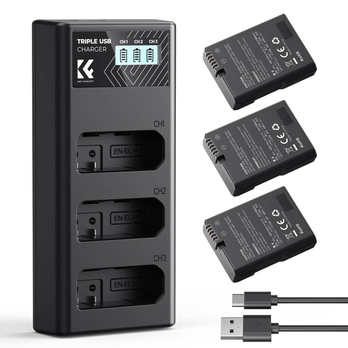 KENTFAITH KENTFAITH 3-Pack EN-EL14 Battery and Upgrade LCD Charger Compatible with Nikon D5300 D5600 D5100 D5200 D5500 D3100 D3200 D3300 D3400 D3500 Coolpix P7000 P7100 P7200 P7700 P7800 Cameras