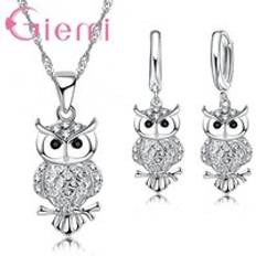 Original silver smycken set f&#xF6;delsedag f&#xF6;r tjej dotter top craft charm uggla h&#xE4;ngande halsband &#xF6;rh&#xE4;ngen