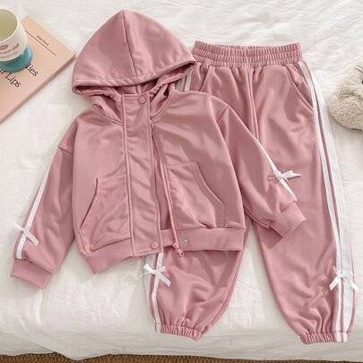 2-delat Genkimix mjukisdress-set för unga flickor med rosett och sidoränder, dragkedjehuva och joggers, söta rosa avslappnade outfits för hösten (6Y,7Y,4Y,5Y)