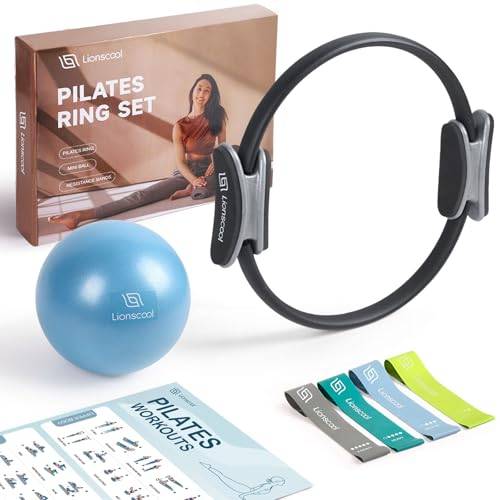 LIONSCOOL Pilates-Ring-Set (Schwarz) – 36cm verformungsbeständiger Pilates-Ring mit gepolsterten Griffen, 23 cm Mini-Ball, elastische Latex-Widerstandsbänder, Anleitung und Tasche