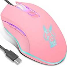 IULONEE Trådbunden Spelmus USB C Tyst Klick 7 Färger Bakgrundsbelyst Optisk Möss av Type C Ergonomisk Dator Mus 2400 DPI, 6 Knappar Gaming Mouse för PC Computer Laptop Mac Mus (Rosa)