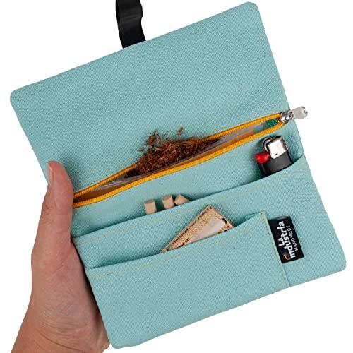 Tabaktasche für 30-50g 'Vulcano' - Wasserabweisender Tabakbeutel für Drehtabak mit Fächern für Filter, Blättchen und Feuerzeug (Aqua)