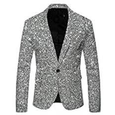 RUIRUILICO Moderiktig blazer med paljetter för män, jacka med normal passform, blommig kostym, affärsjacka, glänsande, glittrig kavaj, stilig smokingkavaj med en knapp, SILVER, 3XL