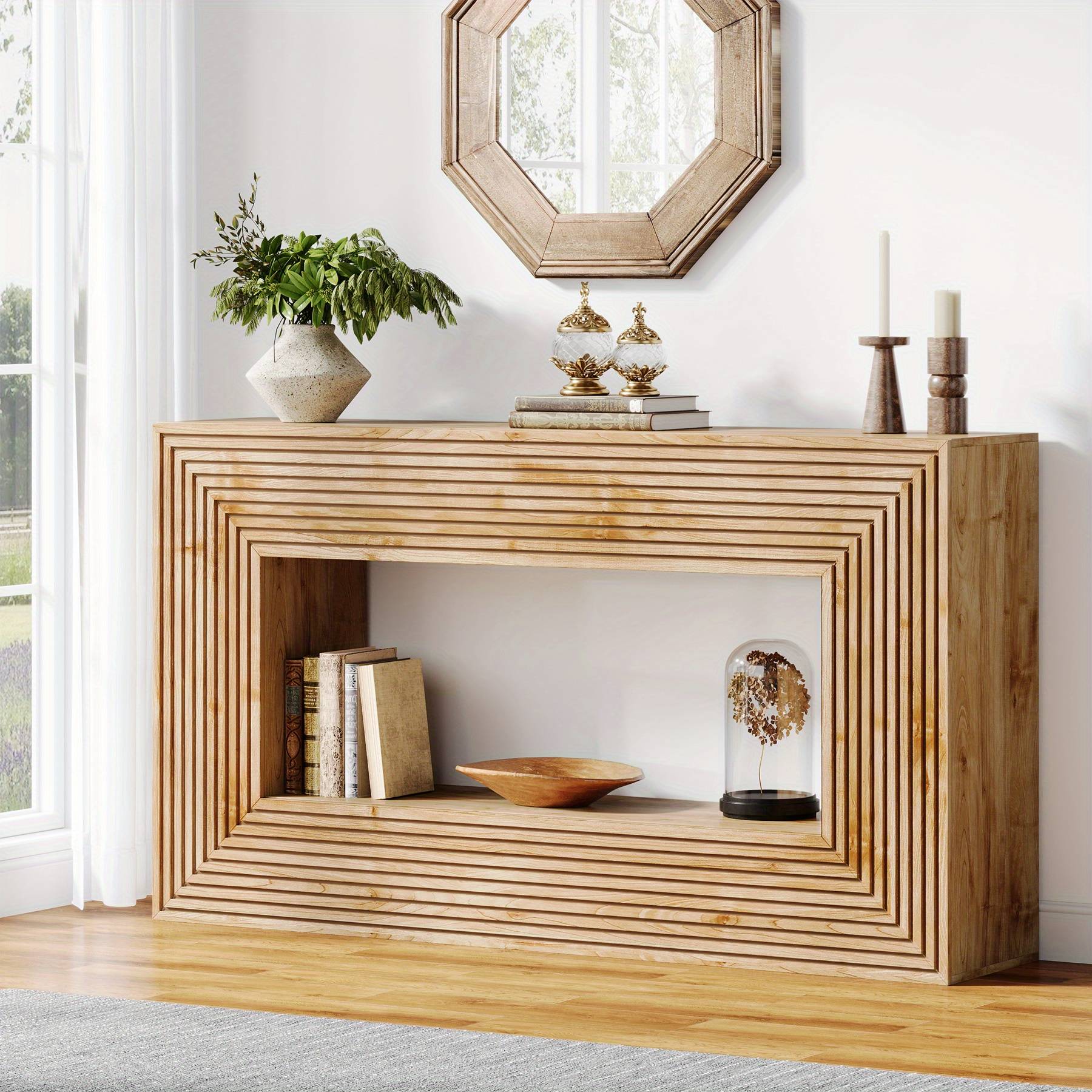 Wood Console Table For Living Room, Farmhouse Fluted Entryway Table With Storage, 59-inch Long Sofa Table Behind Couch, Accent Entrance Furniture For Foyer, Hallway, Natural