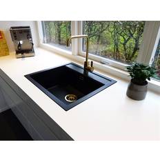 Secher køkkenvask 56x51 cm sort granitek med messing PVD af-og overløbssæt