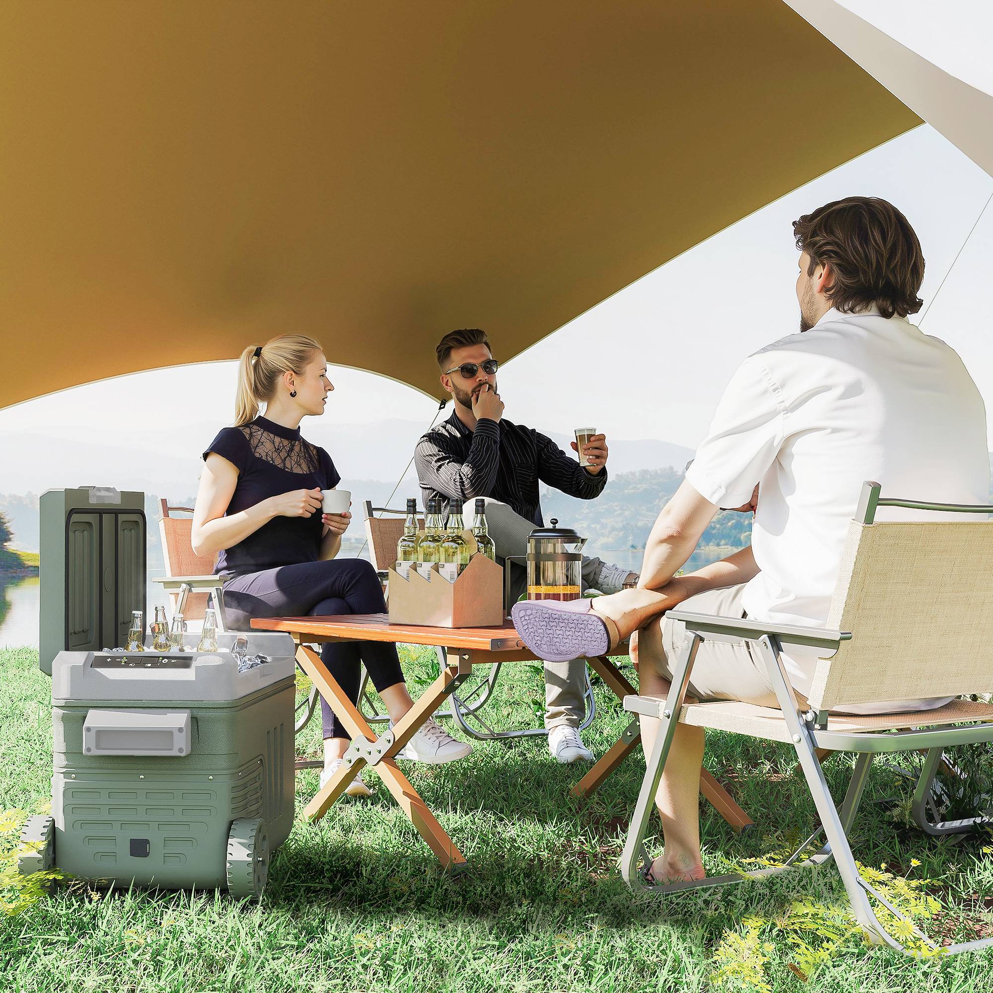 33 liters kompressorkøler elektrisk køleboks med LED-rullekølefunktion stille fryser termoboks minikøleskab 12/230 volt til bilstikdåse lastbil camping båd grøn