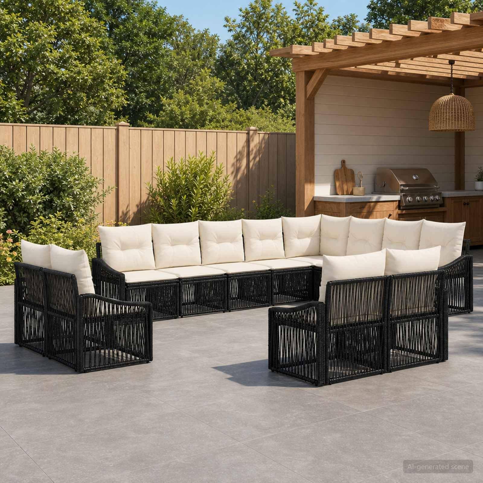 Havesofa sæt 12 stk. i sort polyrattan med puder