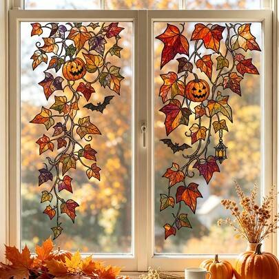 1/3 st höstlönnlöv, vinranka, pumpa och fladdermus fönsterdekaler, dubbelsidiga PVC statiska klisterdekaler för glas, lämpliga för Thanksgiving och Ha - Multifärgad (En-Storlek)