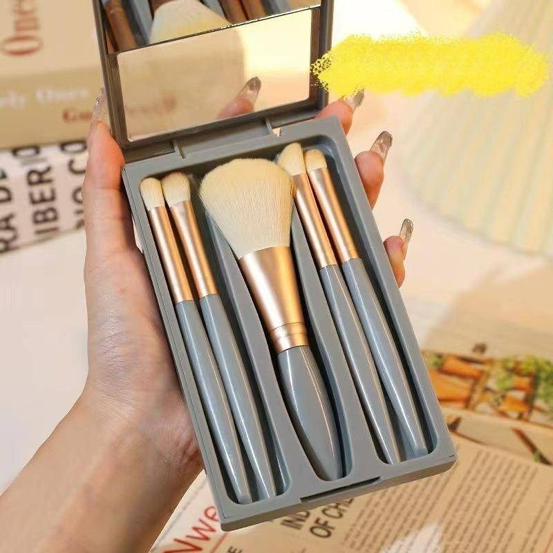 5-Piece Makeup Brush With Mirror Portable Box Eyeshadow Brush Loose Powder Brush Mini Multi-Function Full Set Of Beauty Brushes blå