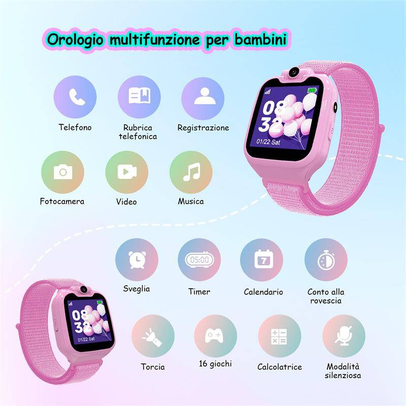 Smartwatch för barn med telefon Smartwatch för barn Klocka 16 spel Ficklampa Väckarklocka Julklapp för pojkar och flickor 4-12 år rosa