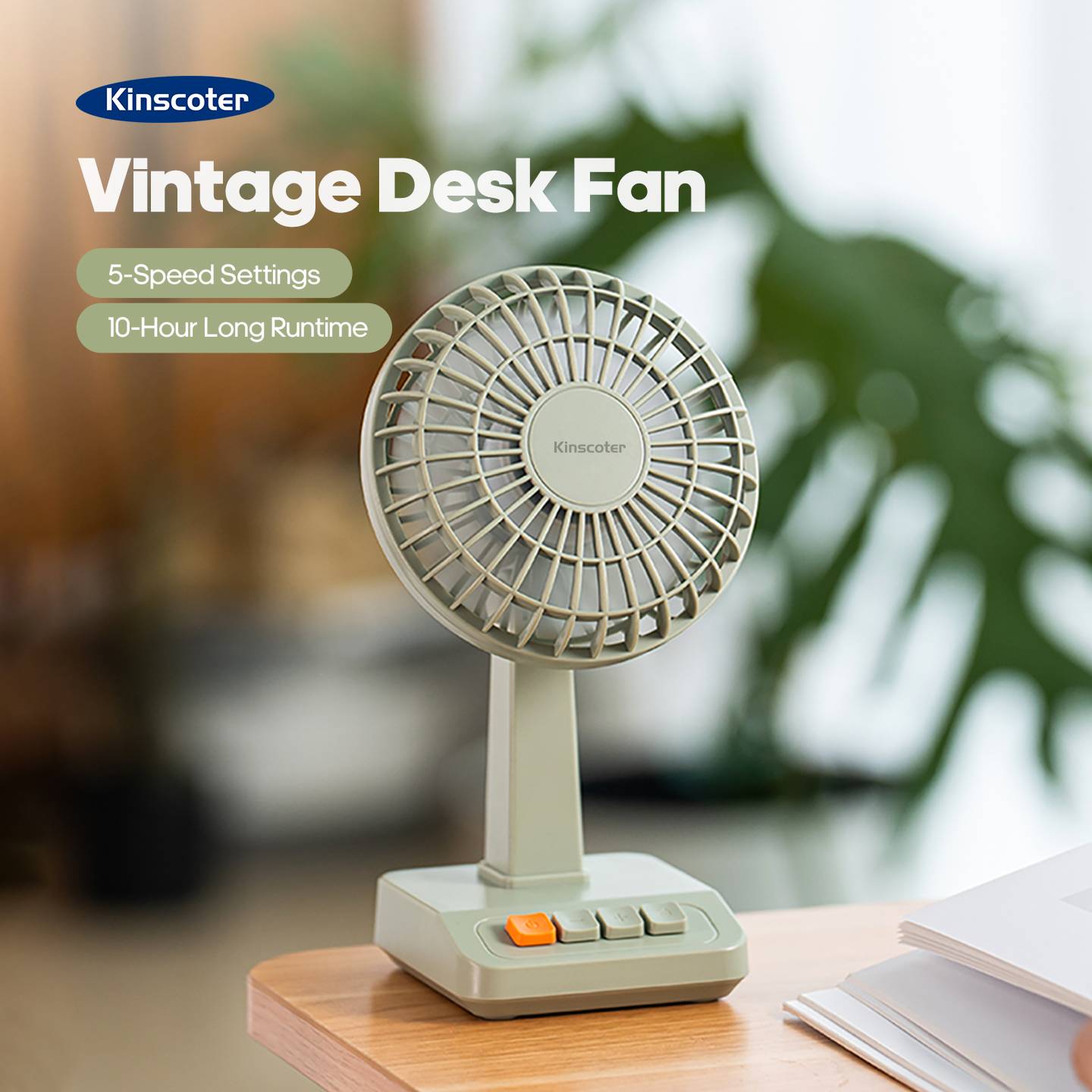 New Vintage Desk Fan 2000mAh 5 Gear Speed Silent Rechargeable Fan Angle Adjustable Mini Air Circulator for Home Office Room