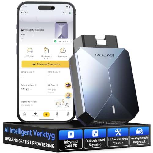 MUCAR BT200 MAX AI-hjälpfunktion OBD2 Bluetooth-adapter,OBD2 Diagnosverktyg,Stöd för ELM327, Bilavläsare med Full System+15 Reset, för iOS och Android/Aktiv Testning/CANFD – Kostnadsfria Uppdateringar
