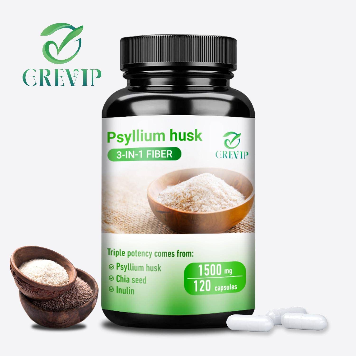 Psylliumskal kapslar, ekologiskt fibertillskott, 1500 mg per portion, helt naturligt, lämpligt för vuxna. black