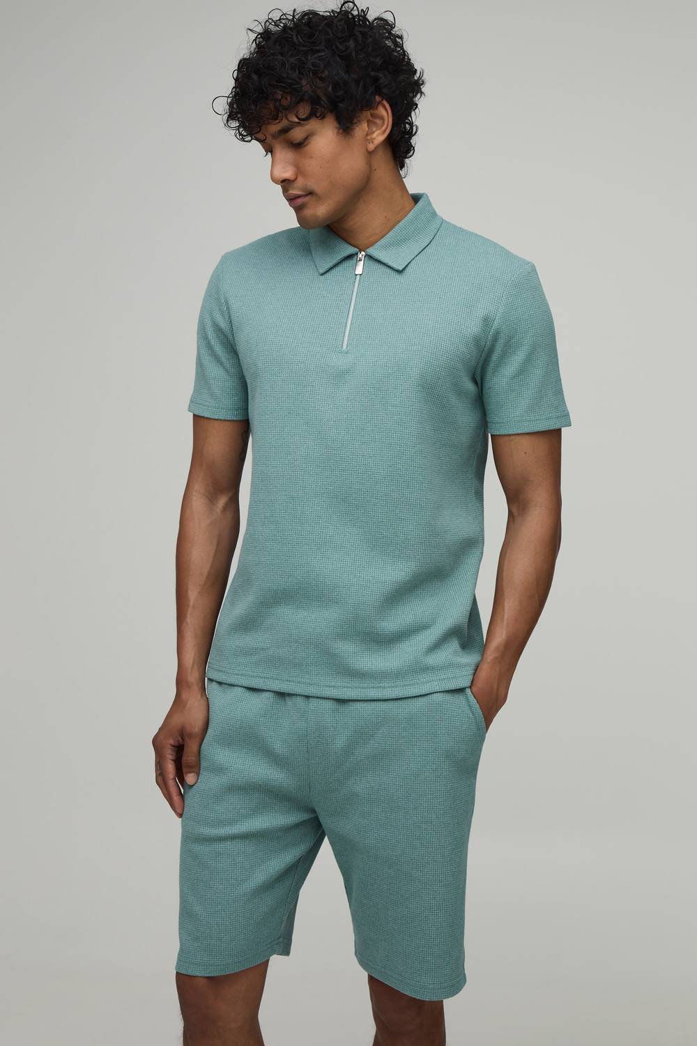 Slim Fit Waffle Polo & Short Set | Sage | Size XL