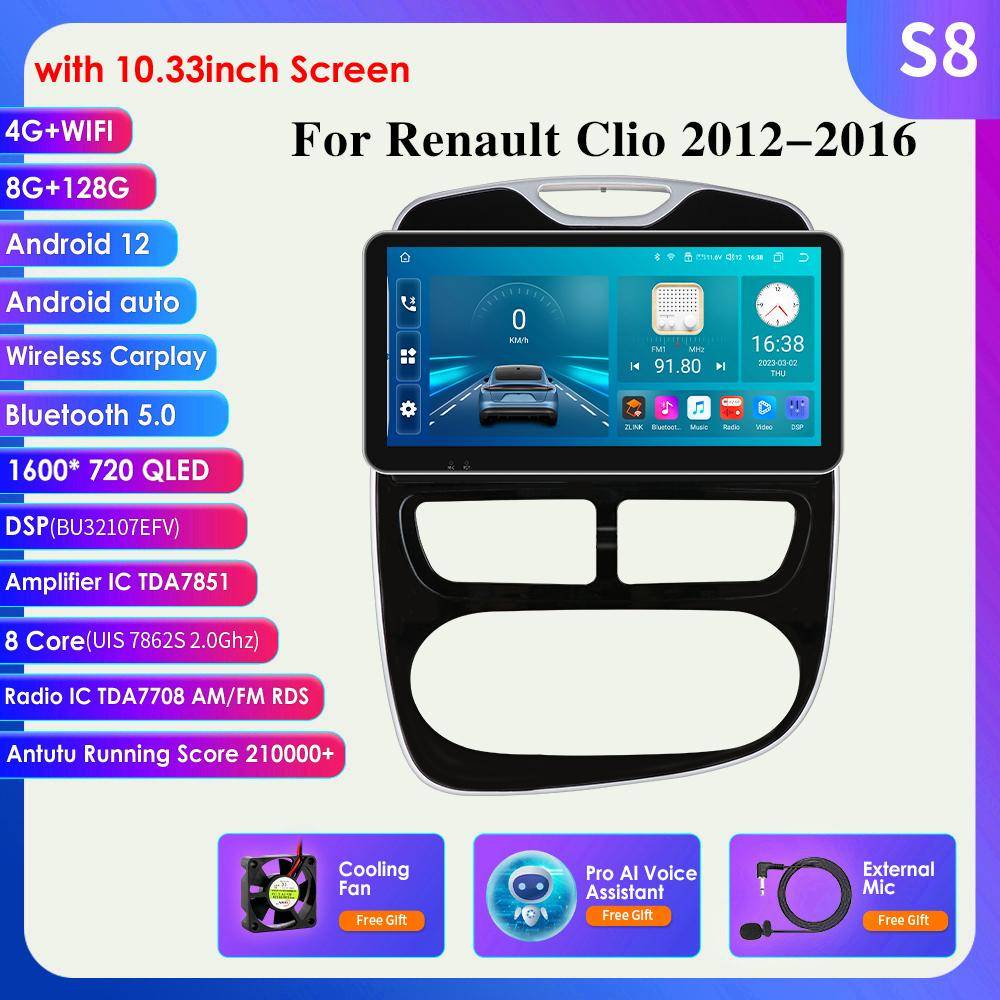8+128G trådlös Carplay 4G-LTE 2din Android Autoradio för Renault Clio 4 2012-2016 Bil Multimedia Stereo GPS Navi Audio Video BT Intelligent Screen