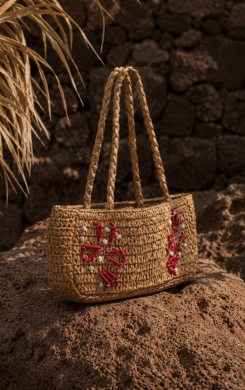 Natural Raffia Coral Detail Shoulder Bag