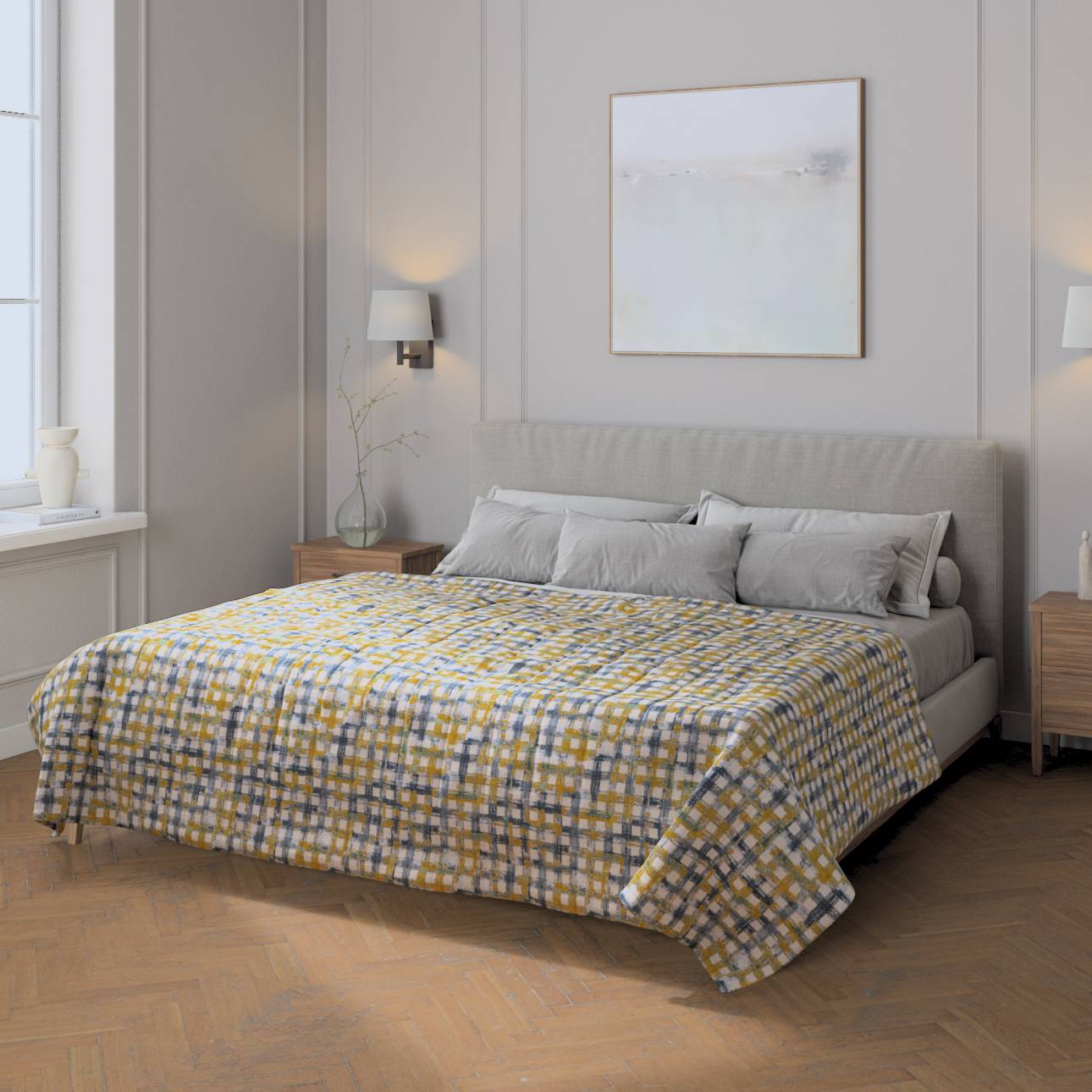 Sengetæppe quiltet<br/>10cm striber, Boucle naturhvid, gul, blå og grøn, Cosy Home