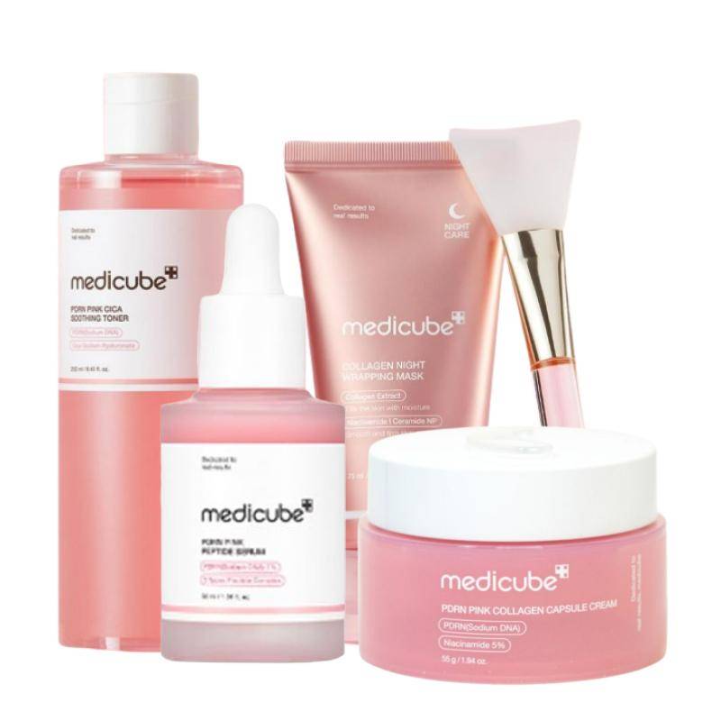 Medicube PDRN Pink 4-stegs set (Kollagen Nattmask 75ml + Cica Lugnande Toner 250ml + Rosa Ampull 30ml + [NYHET] Kollagen Kapselkräm 55g)