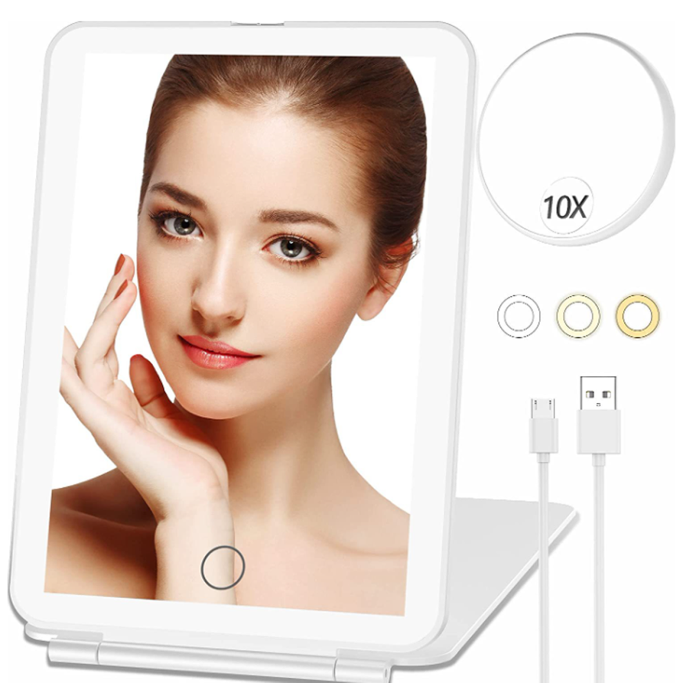 LED-oplyst makeupspejl, 3 lystilstande med dæmpbar berøringsskærm, USB-genopladeligt rejse-makeupspejl, smart makeupspejljustering