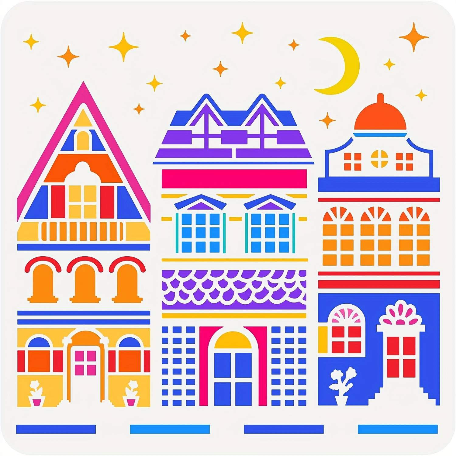 1pc Fancy Houses Painting Stencil 11.8x11.8 Inch Hollow Out Moon Star Drawing Stencil Reusable Stencils Template For Wall, Photo Album, Canvas Bag, Cabinet