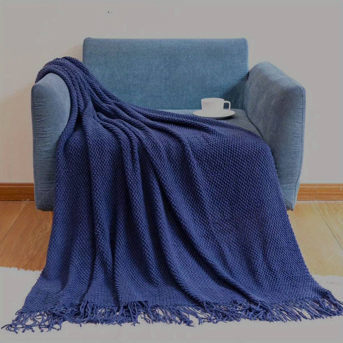 1pc Cozy Morandi Blue Throw Blanket With Tassels, Polyester, 100g - Perfect For Couch Or Bed, Machine Washable