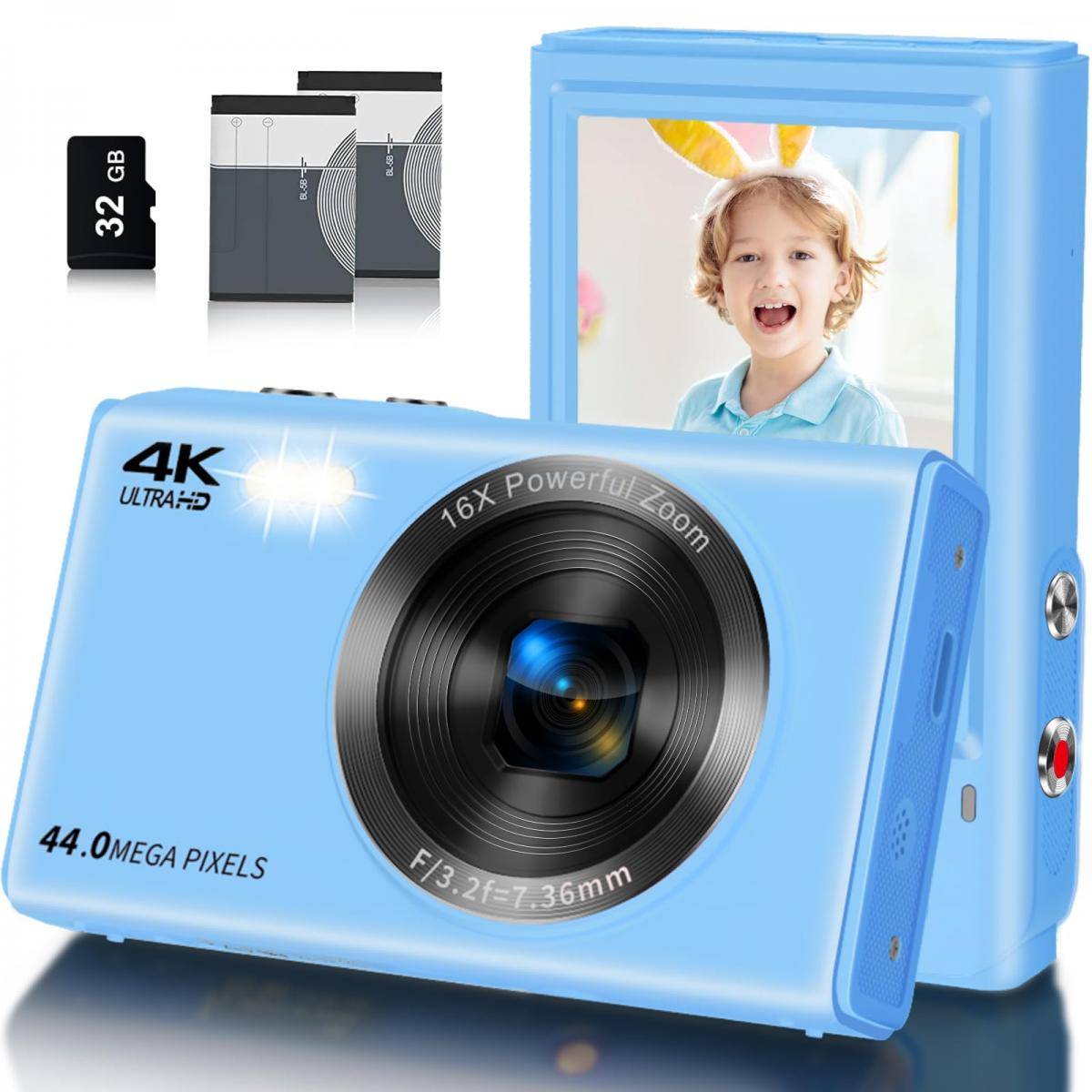 KENTFAITH FHD Kids Cameras for Photography, 4K 44MP Compact Point & Shoot Camera 16X Zoom for Teens & Beginners with 32GB SD Card, 2*Batteries, Blue