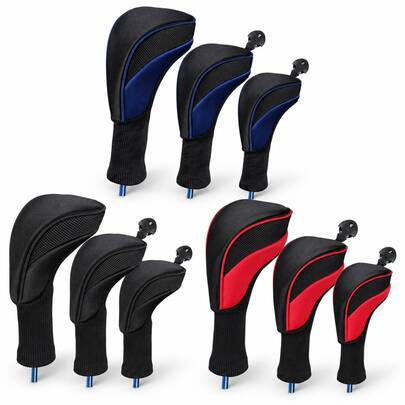 Golfklubbshuvudskydd 3-pack för driver och fairwaywood, långhalsat golfhuvudskyddset med roterbar nummertagg, universell passform, golfwoodskydd för m - Röd (En-Storlek)