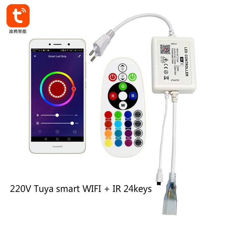 Tuya app smart wifi led controller ac 110v 220v rgb controller light strip ir 24 tangenter fjärrlampa för rgb led strip lampor