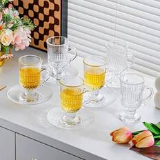 1 set, 6 delar elegant tekopp och fat i glas med guldkant och matchande skedar, slitstarka espressokoppar, lämpliga för kaffe, tedrycker - perfekt för - transparent (Blommig stil - 6 delar med sked,Transparent modell - 6 st med sked,Randig stil - 6 st med sked)