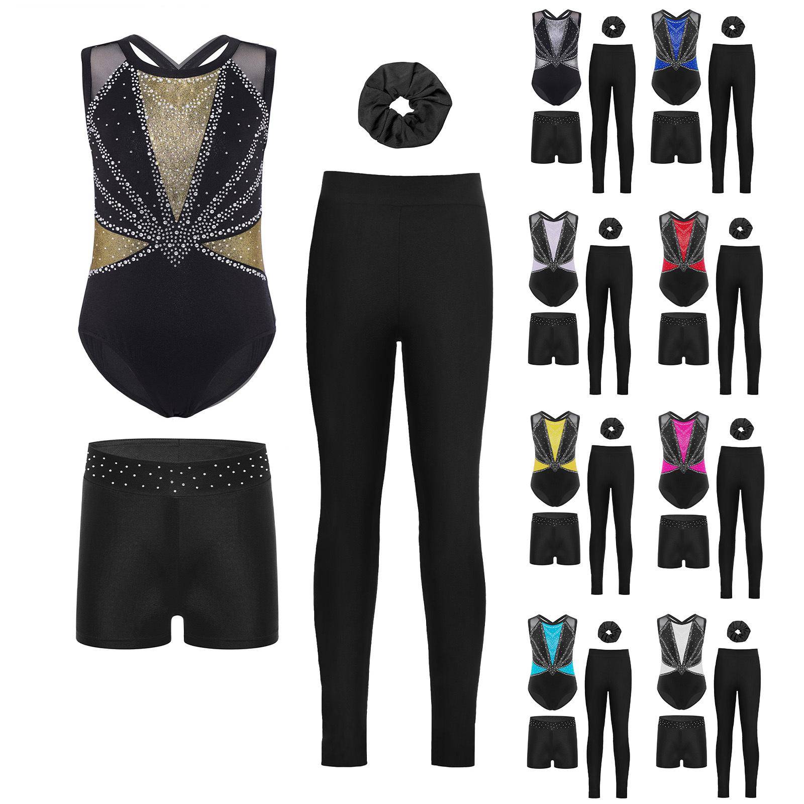 Flickor Gymnastikdräkt Ärmlös Korslagd Rygg Glänsande Strass Bodysuit och Shorts Leggings Hårband Set varm rosa färg