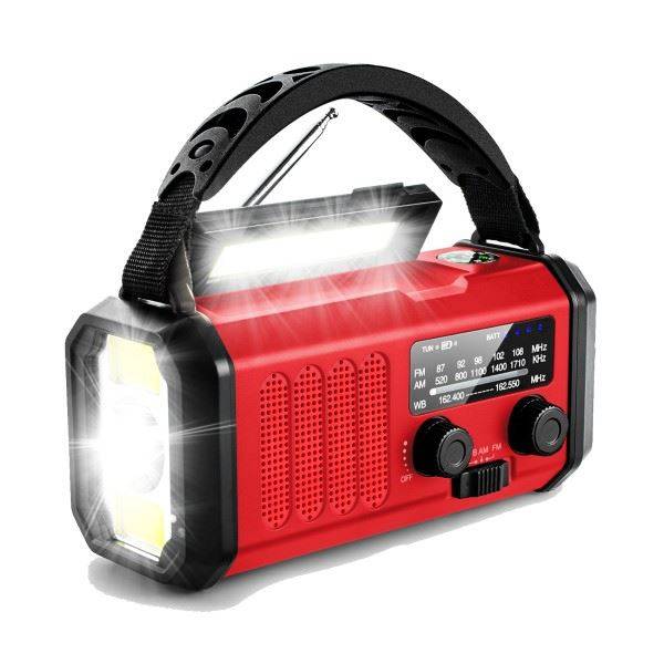 Nødradio, FM/AM, 20.000 mAh Powerbank, Lygte, Solceller og Håndsving, Rød.