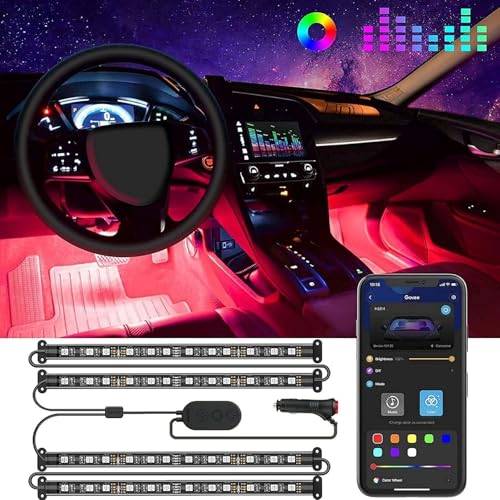 Govee RGB LED Innenbeleuchtung Auto, Upgrade 2-Linien, APP Musik Sync, 12V | 16M DIY-Farben, 4pcs 48 Strip Zigarettenanzünder mit Speicherfunktion, Wasserdichte, Kurzschlussschutz, SUV & Limousine, 12V