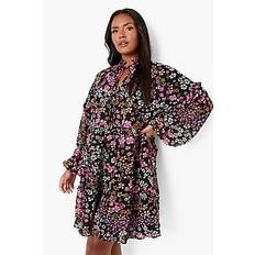 Plus Floral Ruffle Tie Keyhole Smock Dress - multi - 46