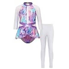 Oyolan Gymnastiktrikåer leggings flicka barn gymset leotard tryckt långärmad outfit tävlingsshow, Färg: blå, 11-12 �r