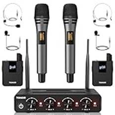 TONOR UHF Trådlöst mikrofonsystem med handmikrofon/Bodypack-sändare/Headset trådlös mikrofon/Trådlös lavalier mikrofon, 4x5 frekvenser 60 m räckvidd för sång Karaoke PA-system Högtalare TW362