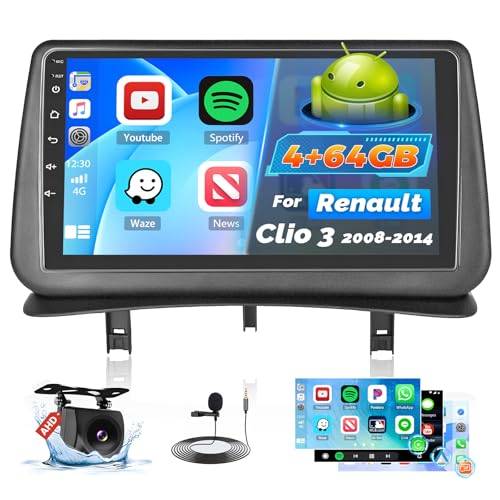 Roinvou 4+64G 2 DIN-bilradio för Renault Clio 3 2008-2014 Trådlös Carplay Android Auto, Android 9-tums bilradio med skärm MirrorLink Bluetooth WiFi GPS 32EQ RDS/FM SWC Kamera