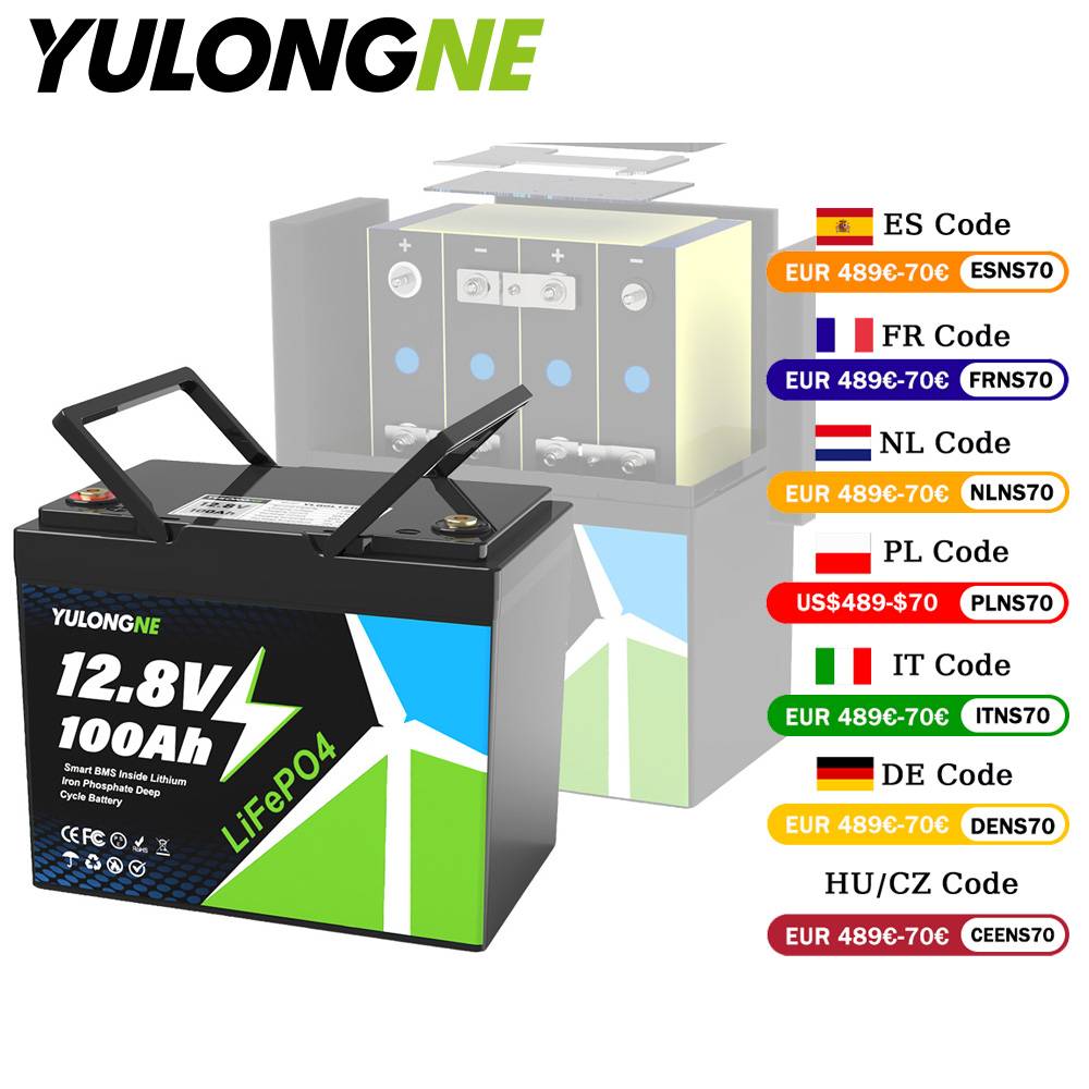 YULONGNE 12V 100Ah LiFePO4 Battery 12.8V 300AH Rechargeable Deep Cycle Lithium Battery With BMS Protection 1280Wh Energy Storage Battery For Marine RV Solar Power EU Tax Free