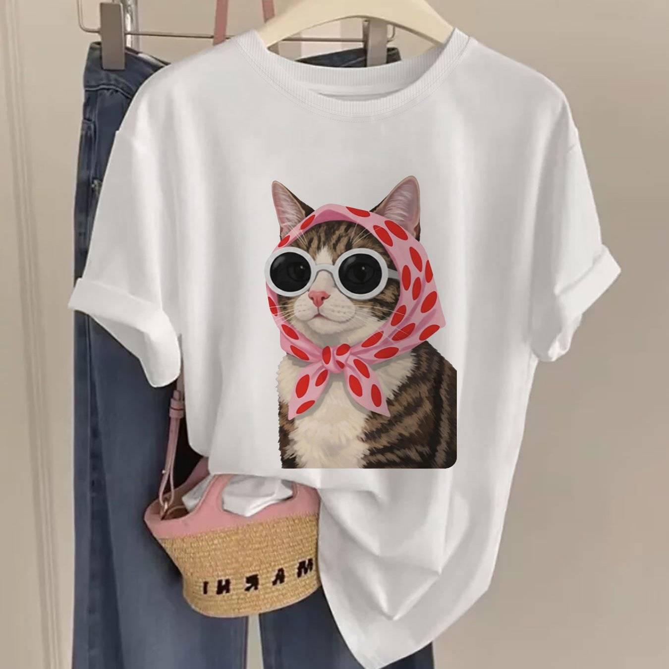Summer Casual Women's Top, Cat Headscarf Print Round Neck Pure Short Sleeve T-shirt