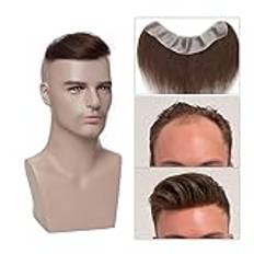 Men Peruk Hårlinje for män 1,5x7 tum V-formad tupé for äkta mänskligt hår, främre hårstrån Full Pu hudbas 6" herrtupé Peruker för Män Toupé(Jet Black)