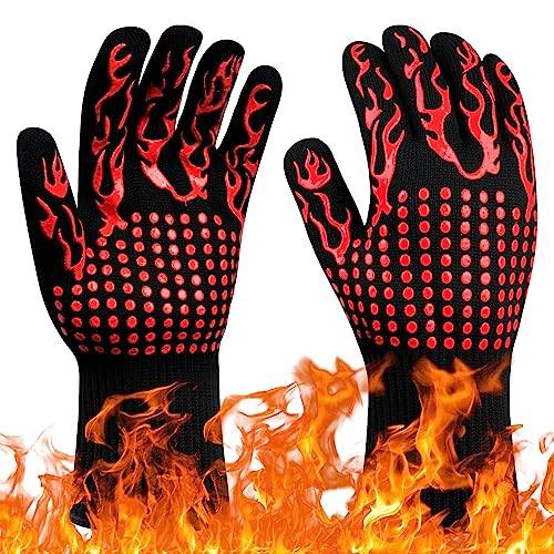 Flintronic Grillhandskar värmebeständiga brandbeständiga ugnshandskar handskydd grillhandskar, 800 °F/800 °C värmebeständiga ugnshandskar för grill, ugn, matlagning, lödning (röd)