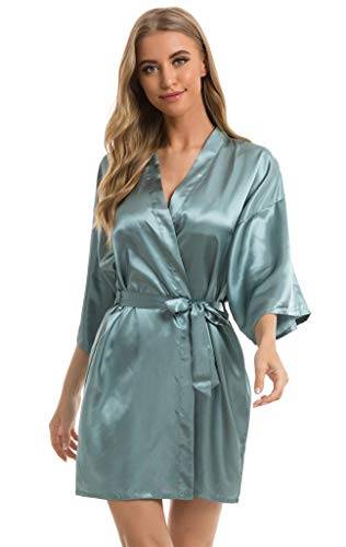 Vlazom Kimono för damer, morgonrock, kort satin badrock med bälte, v-ringad kimono, Ljusgrön, S